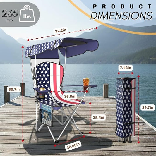 Portable Folding Camping Chairs with Canopy Shade, Beach Chair for Adults, Durable Weather Resistant 600D Oxford Cloth, Camping Chair with Canopy for Outdoors [Flag]