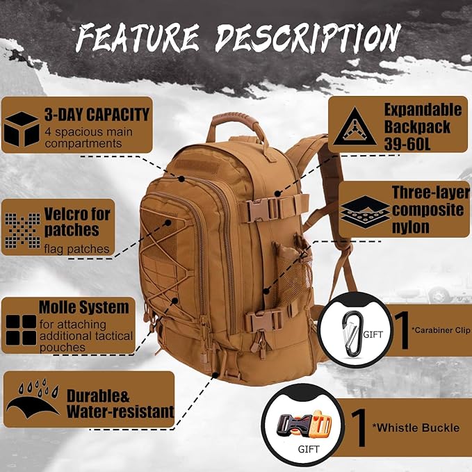 Large Military Bug Out Bag 3 Day Pack Expandable Backpack Army Daypack for Outdoor Hiking Hunting (Tan)