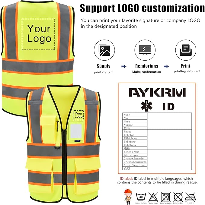 AYKRM Security Vest for Men Women 7 Pockets High Visibility Reflective Safety Vest Front Zipper Meets ANSI/ISEA