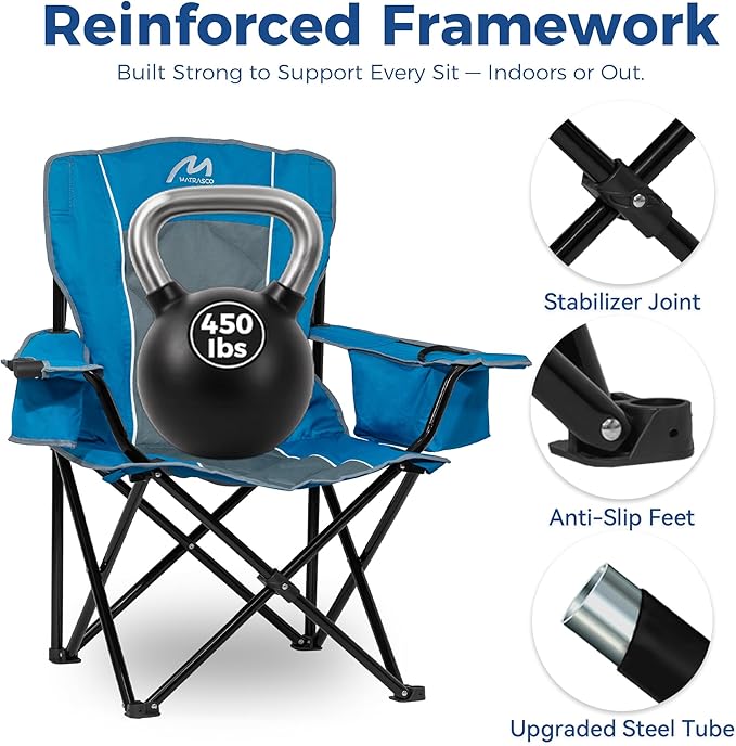 Oversized Padded Camping Chair, Heavy-Duty Steel Frame for 450 lbs Supports, Convenient 6-Can Cooler, Portable Carry Bag, Perfect for Outdoor, Beach, and Hiking (Blue & Gray)