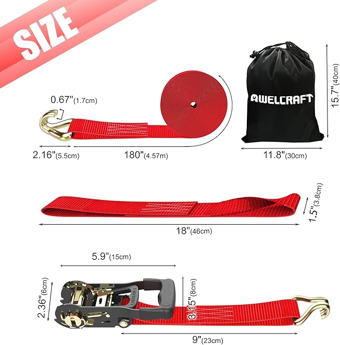 Ratchet Straps (4PK) - 4500lbs Breaking Strength 1.5''×15' Heavy Duty Tie Down Straps with Padded Handles, Double J Hooks & Soft Loops for Moving Motorcycle, Trailer & Trucks (Red)