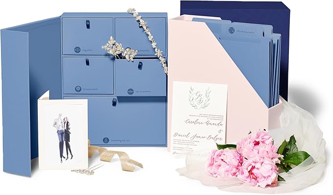 Savor | Deluxe Wedding Keepsake Box with 52 Labels, 6 Drawers, and 8 Vertical Files | Acid-Free Memory Organizer for Wedding Day, Bridal Shower & Anniversary (Blue, No Customization)