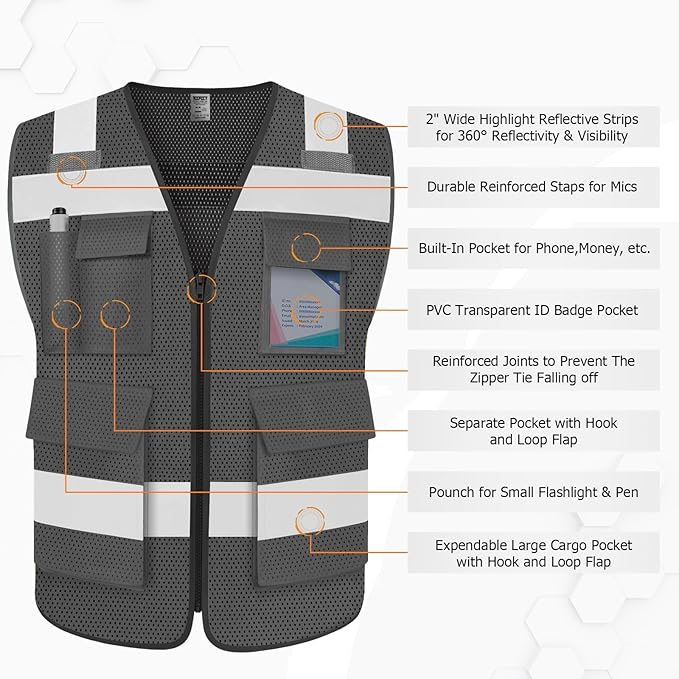 TCCFCCT Mesh Hi Vis Vest 5 Pockets High Visibility Reflective Safety Vest for Men Women, Neon Construction Vest with Horizontal Strip for Walkie-talkie and ID Card, Meets ANSI/ISEA Standards, Grey, 3XL