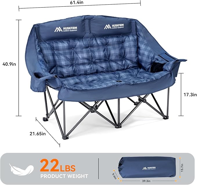 Padded Double Camping Chairs High Back Double Camp Chair Oversized Loveseat Camping Chair Support 800LBS Heavy Duty Camping Couch with Cup Holders, Cooler, Carry Bag, Blue