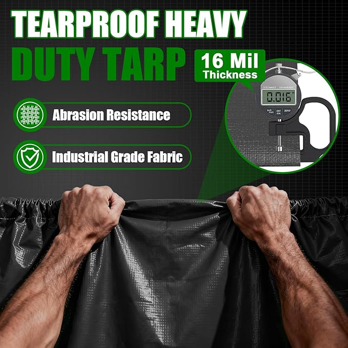 Sunvigor Tarp Waterproof 12x16Ft, Extra Thick 16 Mil Heavy Duty Tarp Cover, Tear & Fade Resistant, Outdoor Tarps with Brass Grommets and Reinforced Edges for Roof, Camping, Patio, Boat (Black/Green)