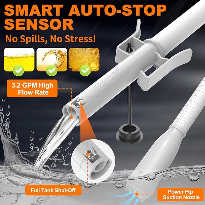 Automatic Fuel Transfer Pump with Auto Stop Sensor Overfill Protection, Fast and Safe Portable Gas Can Pump with 3 Can Adapters & 51'' Extra Long Hose for Oil, Diesel, Gasoline
