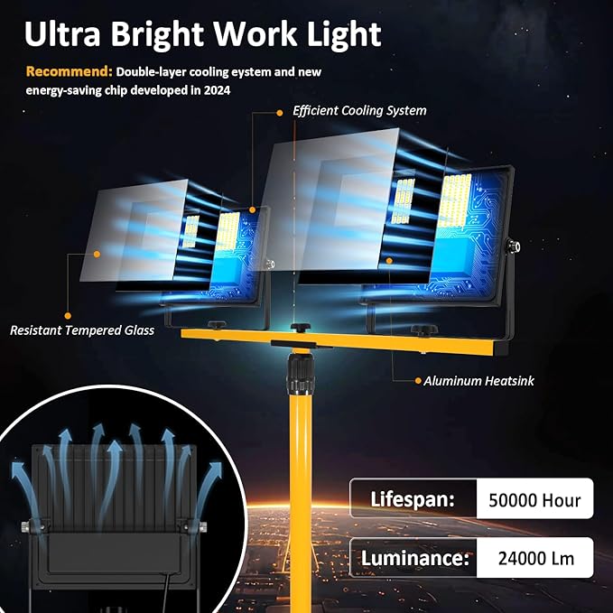 24000 Lumen LED Work Lights with Stand, Floodlight Work Light 2 Adjustable Head Work Light with 16FT IP67 Waterproof Tripod Work Light Stand for Construction Lighting