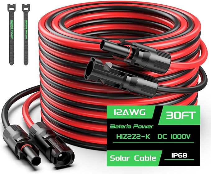 30FT 12AWG Solar Panel Extension Cable, Bateria Power 12 Gauge 4mm² PV Wire with Female & Male Waterproof Connectors for RV, Photovoltaic Systems, Set of 2