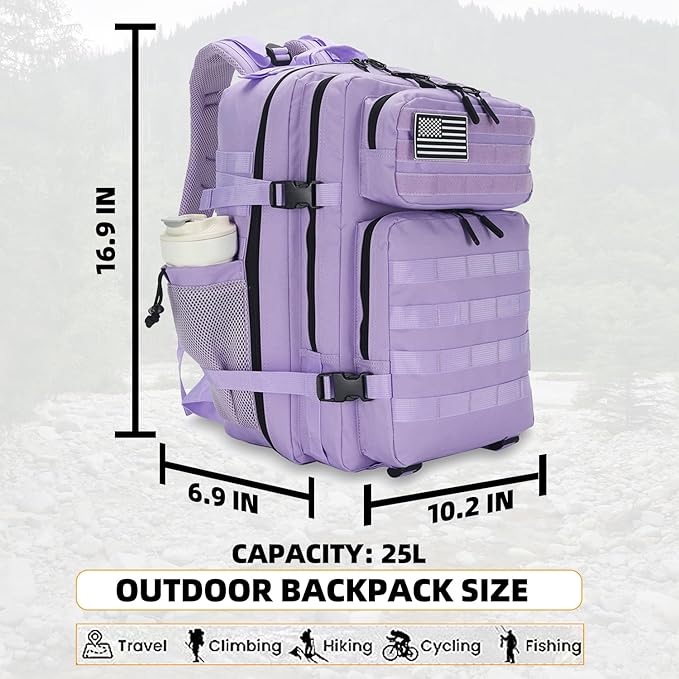25L Tactical Backpack for Men and Women Military Backpack Small Assault Pack Molle Backpack Bug Out Bag Travel Rucksack Daypack (Light Purple)