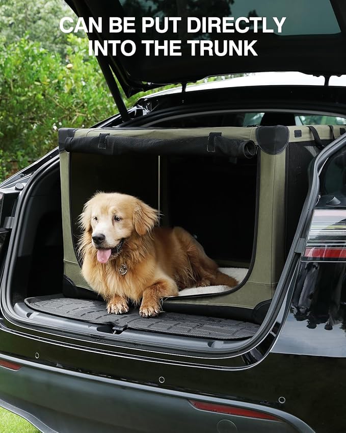 33-Inch Collapsible Travel Dog Crate, Portable 4-Door Soft Kennel for Medium to Large Dogs, Chew-Proof Mesh Windows, Indoor/Outdoor Use, Foldable, with Storage Bag (Green)
