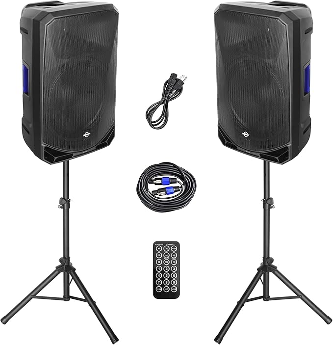 LOTAWAY Portable PA System with Stands 1200W Powered PA Speaker System Set 15" Active+Passive Wireless PA Speakers Pair with Bluetooth for Small Events, DJs, Karaoke (PM-15)