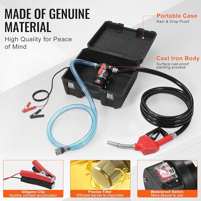 VEVOR Fuel Transfer Pump, 12V DC 10 GPM 1/4 HP, Portable Electric Diesel Transfer Pump with Automatic Shut-Off Fuel Nozzle, High Flow, Long Inlet & Outlet Hose for Diesel, Kerosene, Transformer Fuel