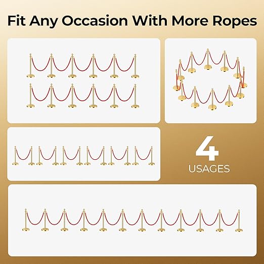 12pcs Sturdy Gold Stanchion Posts and 12pcs High Quality Red Carpet Velvet Ropes, Water/Sand/Concrete Fillable Leakproof Base, Crowd Control Barriers for Birthday, Prom, Business, Wedding