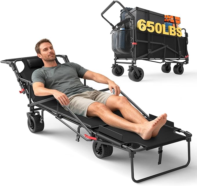 LEVELEVE Heavy Duty Folding Wagon - 2-in-1 Collapsible Cart, 650lb Capacity, All-Terrain Wheels w/Brakes & Side Pockets (Black)
