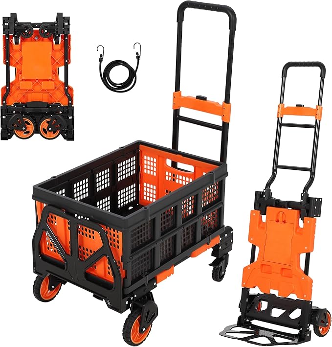 Folding Hand Truck, 330 LB Heavy Duty Dolly Cart with Foldable Basket, Foldable Hand Truck with Bungee Rope, Rubber Wheels and Retractable Handle for Luggage, Travel, Moving, Office