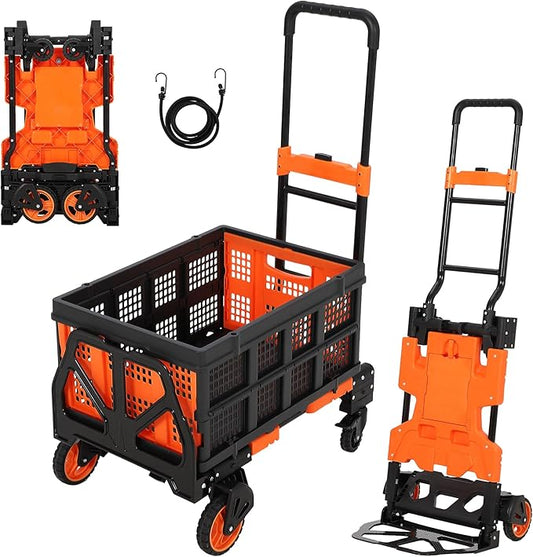 Folding Hand Truck, 330 LB Heavy Duty Dolly Cart with Foldable Basket, Foldable Hand Truck with Bungee Rope, Rubber Wheels and Retractable Handle for Luggage, Travel, Moving, Office