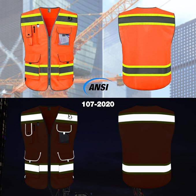 TCCFCCT High Visibility Vest 9 Pockets Hi Vis Reflective Safety Vest for Men Women, Surveyor Work Vest with Fluorescent Yellow Extend Edge, Durable, Breathable, Meets ANSI/ISEA, (DB-Orange, Small)
