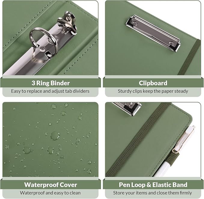 SKYDUE Small 3 Ring Binder with Clipboard, 8" × 10" PU Mini 1 Inch Binder with Notepad, 5 Dividers, and Labels, Clipboard Folder Great for School Office(Fit Half Letter Sized Paper)