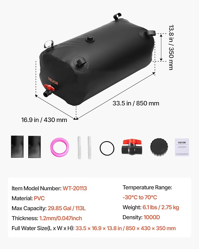 VEVOR Water Storage Bladder, 29.85 Gallon (113L) Water Storage Container Tank, 1000D PVC Thickened Soft Bag Bladder, Collapsible Portable for Garden Irrigation, Camping, RVs, Emergency Use - Black