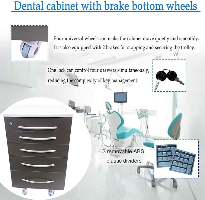 5 Drawers Dental Storage Cabinet with Dividers, Stainless Steel Cabinet Mobile Cart, Dental Mobile Cart with Wheels, for Clinics, Hospitals and Offices, Lockable