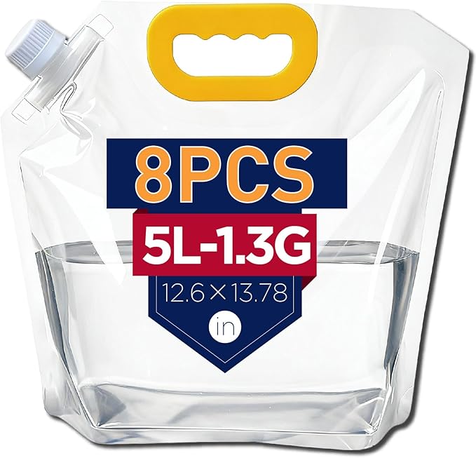 Collapsible Water Container Bag 8Pcs 1.3 Gallon, Freezable Plastic Foldable Water Pouch with Handles,Leak-Proof Plastic Storage Jug for Outdoor Sport Camping Emergency Survival