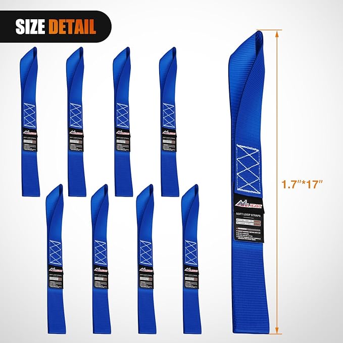 Nilight Soft Loop 1.7”×17" Motorcycle Tie Down Straps Heavy Duty 12000Lbs Max Break Strength for Securing ATV UTV Kayak Moving Cargo (8PK-Blue)
