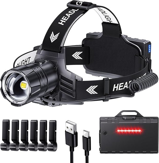 Sinvimes 4000 High Lumen LED Rechargeable Headlamp, 95H Long Battery Life Head Lamp with 5 Modes & IPX7 Waterproof & Zoomable, 120° Adjustable Head Light for Adults, Outdoor, Camping, Hardhat