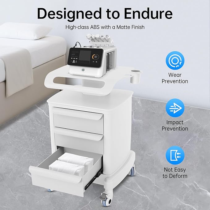 Beauty Instrument Trolley Cart, Freestanding Mobile Trolley with 4 Wheels 66lbs Storage Cart with 3 Drawers, Lab Rolling Storage Cart for Spas, Homes, Labs, Salons