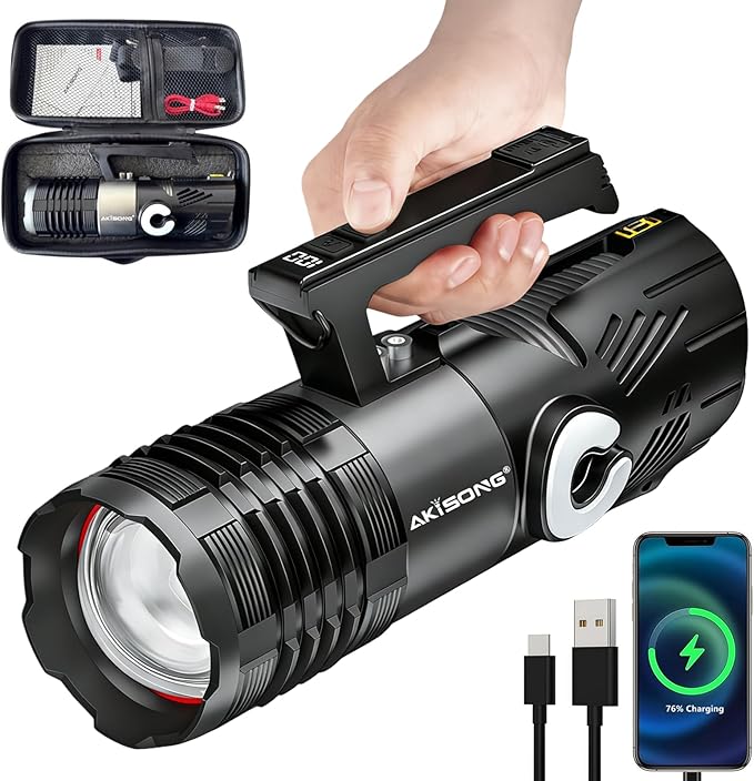 150W Rechargeable Spotlight Flashlight 18,000 High Lumens, XHP360 LED Wick Ultra Bright Zoomable Searchlight with USB Output, Large Capacity Powered Handheld Spotlights for Camping, Emergency, Hunting