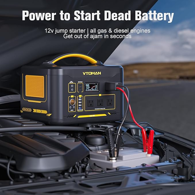 VTOMAN Jump 1500X Portable Power Station with Jumper Cables, 828Wh LiFePO4 Battery Solar Generator & Car Jump Starter, 1500W AC Outlet, 100W PD Type-C&Regulated DC for Home Backup Roadside Emergencies