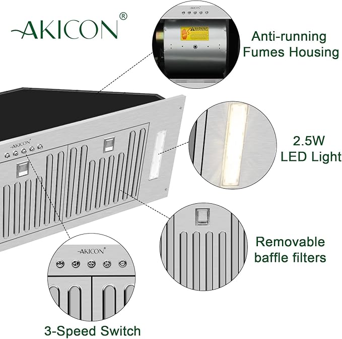 Akicon Range Hood Insert/Built-in 30 inch, Ultra Quiet Powerful Vent Hood with LED Lights, 3 Speeds 600 CFM, Stainless Steel