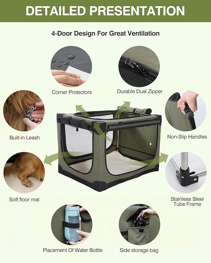 33-Inch Collapsible Travel Dog Crate, Portable 4-Door Soft Kennel for Medium to Large Dogs, Chew-Proof Mesh Windows, Indoor/Outdoor Use, Foldable, with Storage Bag (Green)
