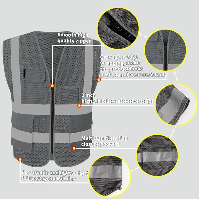 HYCOPROT High Visibility Mesh Safety Reflective Vest with Pockets and Zipper, Meets ANSI/ISEA Standards