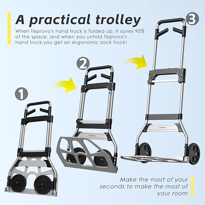 Folding Hand Truck Dolly Cart,340LB Capacity Portable Aluminum Dolly Cart with Telescoping Handle and 7 Inch Rubber Wheels for Moving,Shopping,Travel,Office Use