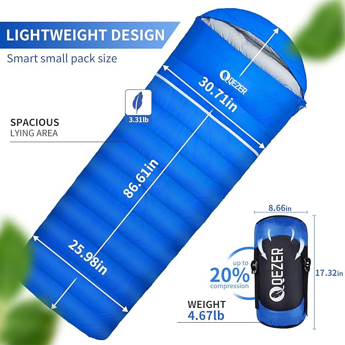 Down Sleeping Bag for Adults, 600 Fill Power, Ultralight & Compact with Compression Sack for Backpacking, Camping, Hiking