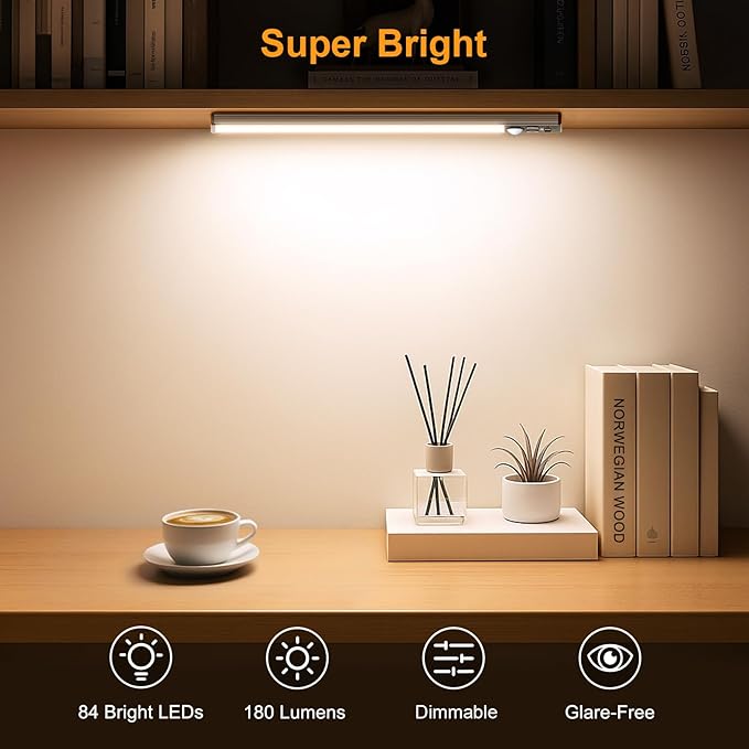 Gritin 10.2inch Under Cabinet Lighting Rechargeable -84 LED Super Bright,3-Color& 5 Level Brightness,4 Modes,Motion Sensor, Long Lasting- Easy Installation Magnetic Closet Lights -2 Pack-Bronze