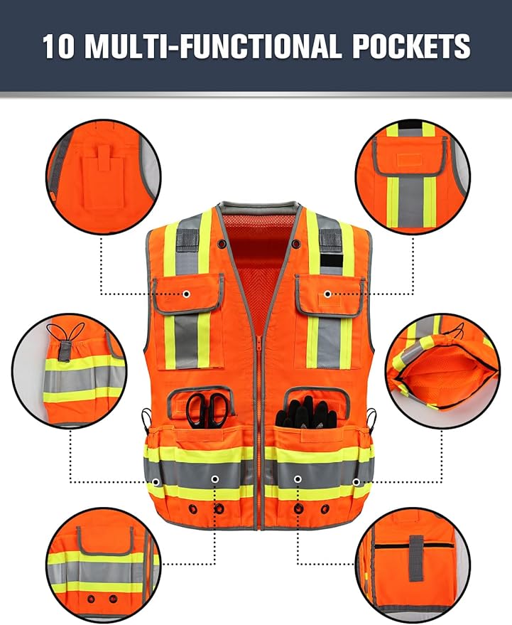 Safety Vest, Hi Vis Vests with Pockets, Class 2 High Visibility Vests,Construction Surveyor Work Vest for Men Women