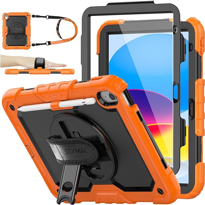 SEYMAC stock Case for iPad (A16) 11th/10th Generation 11''/10.9'' 2025/2022, Full-Body Drop Protection Case with Screen Protector &360° Rotate Hand Strap/Stand, Black+Orange
