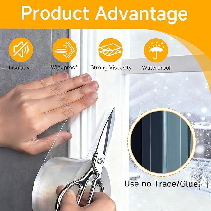 2 Inch x 65 Feet Transparent Window Insulation Tape, Strong Adhesive Weatherproof Window Sealing Tape for Winter Draft Protection, Clear Residue-Free Plastic Window Sealer