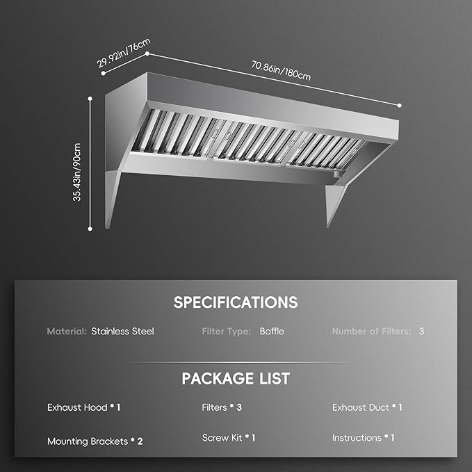 6FT Commercial Kitchen Exhaust Hood, Wall Mount Stainless Steel Vent Hood with 2 Detachable u-Shaped Filters, Rust-Resistant Food Truck & Restaurant Range Hood for Concession Trailer Cooking Station