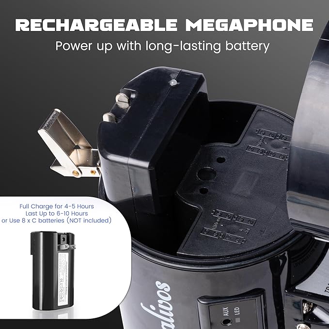 MyMealivos 50W Megaphone Speaker with Rechargeable Battery, Cover up to 1600ft Large Outdoor Space, Bulit in Sirens, 240s Recording and Sound Amplification, Supports AUX/USB/SD Card Input-Black