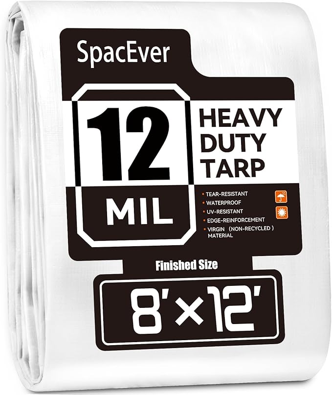 Tarp Heavy Duty 8x12 FT, 12 Mil Thick Large Tarps Water-Proof with Grommets, UV& Tear Resistant, Plastic Cover for Pool Roof Tent Outdoor Firewood, White