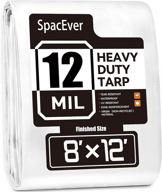 Tarp Heavy Duty 8x12 FT, 12 Mil Thick Large Tarps Water-Proof with Grommets, UV& Tear Resistant, Plastic Cover for Pool Roof Tent Outdoor Firewood, White