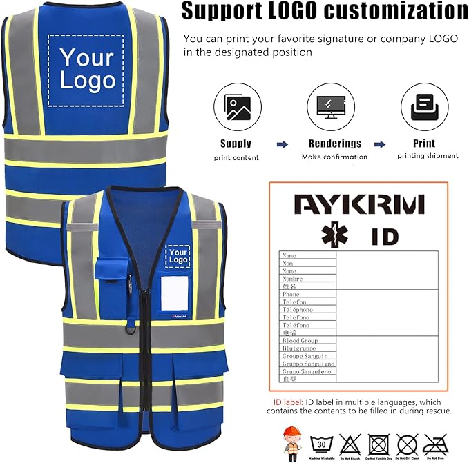 AYKRM Security Vest for Men Women 7 Pockets High Visibility Reflective Safety Vest Front Zipper Meets ANSI/ISEA