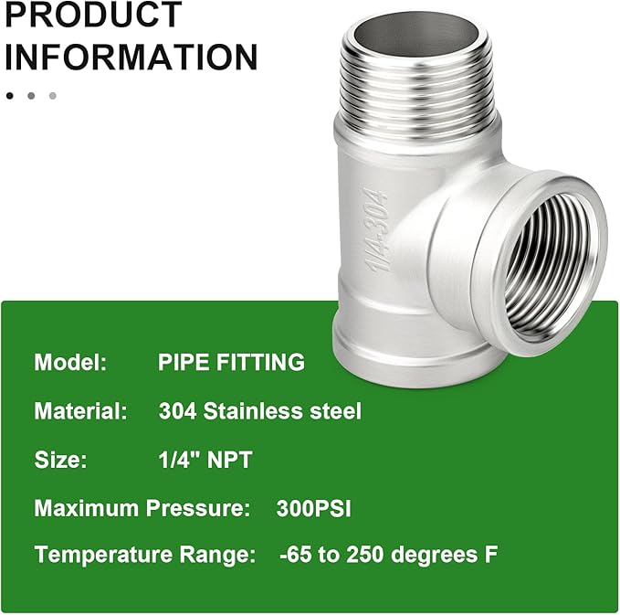 TAISHER 2PCS 304 Stainless Steel Tee Pipe Fittings, 1/4" NPT Female x 1/4" NPT Female x 1/4" NPT Male Pipe Fittings, Male Run Tee