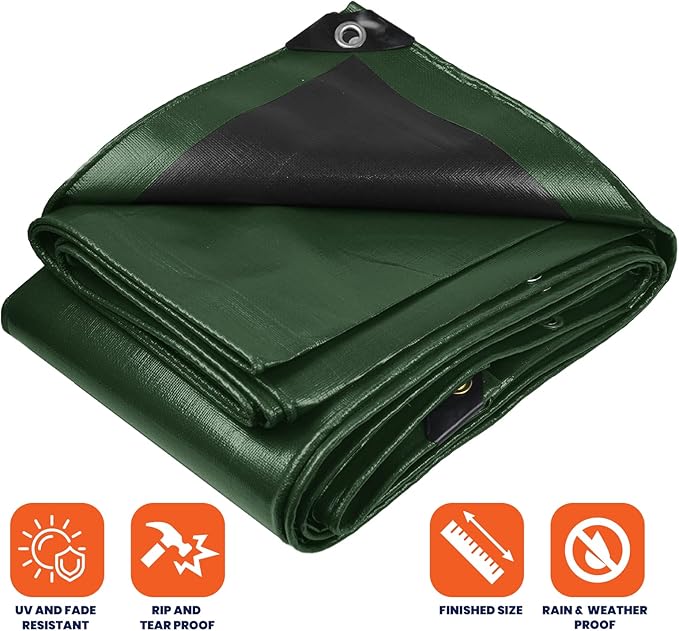 Tarpco Safety Heavy Duty 10 Mil Tarp Cover, Waterproof, UV Resistant, Rip and Tear Proof, Poly Tarpaulin with Reinforced Edges for Camping, Roof, Patio, Pool, Boat. (Green/Black 40′ X 60′)