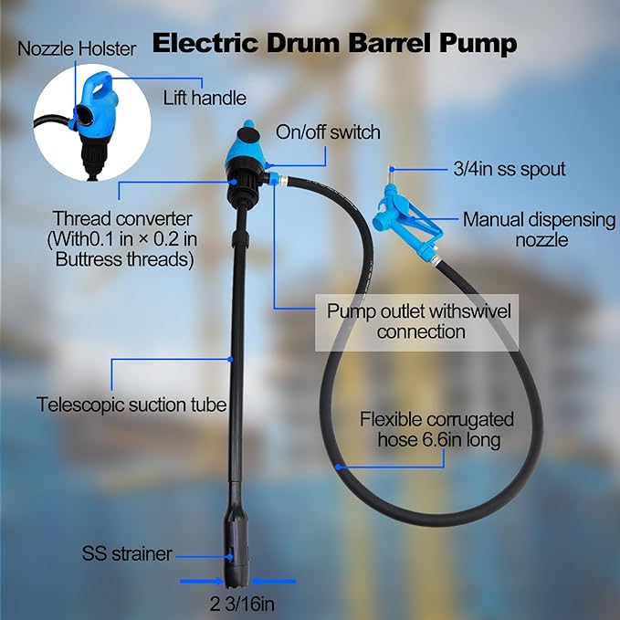 Electric Drum Pump (120V AC / 12V DC), 5 GPM flow fuel pump, for DEF, diesel, water, antifreeze. Includes a 6.6ft hose, 2-inch bung adapter, and 34-49in telescoping suction tube for 55-gallon barrels.