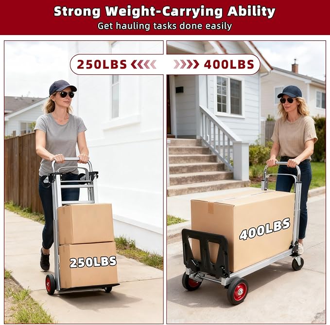 Aluminum 3 in 1 Folding Hand Truck, 400Lbs Capacity, Heavy Duty Collapsible Cart with Retractable Handle and 4 Rubber Wheels, 2 Safety Straps, Moving Dolly for Moving Home, Office, Shopping, Warehouse
