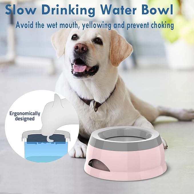 Takfox Dog Water Bowl, No Spill Cat Slow Feeder Water Dispenser Portable Vehicle Carried Car Travel Bowls for Small Medium Pets Sloppy Messy Drinkers 25oz, Pink