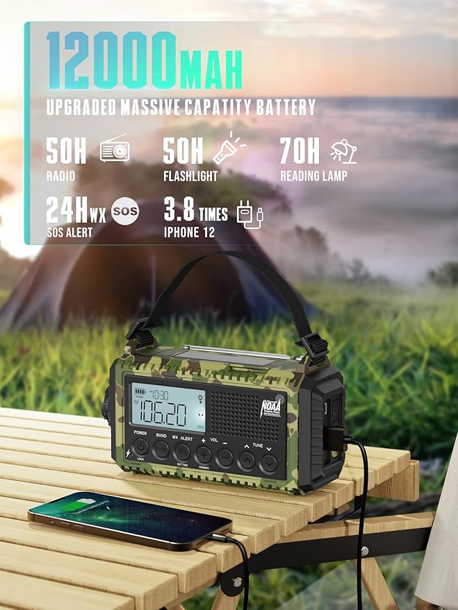 AUTO NOAA Emergency Weather Radio with Clear Signal, 2X Faster Hand Crank & 12000 Battery Operated, SW/AM/FM Portable Solar Radio with 6-Way Power, Flashlight, Phone Charger, SOS for Home, Outdoor